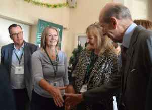 HRH The Duke of Kent is introduced to Mrs Carole Briggs of Norton Lindsey Village Hall