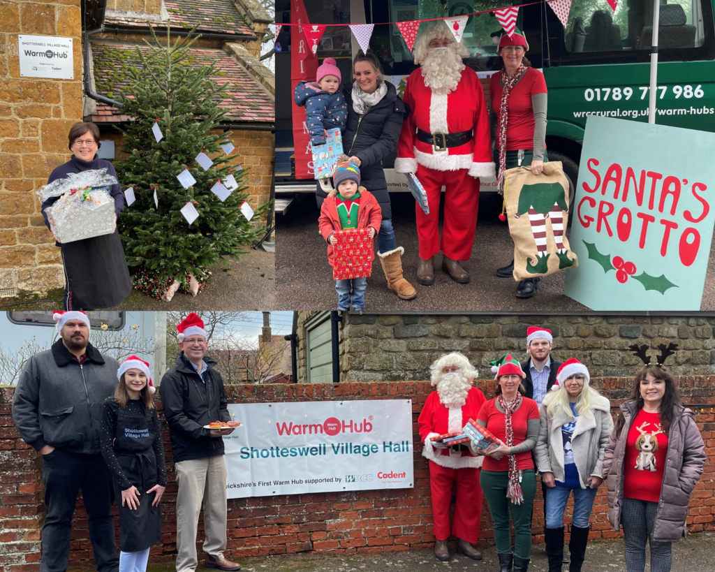 Images of people dressed festively for Christmas with a Christmas tree, image of a Santa's Grotto minibus with bunting, and Father Christmas with people wearing Santa hats standing around a poster with the wording "Warm Hub: Shotteswell Village Hall"