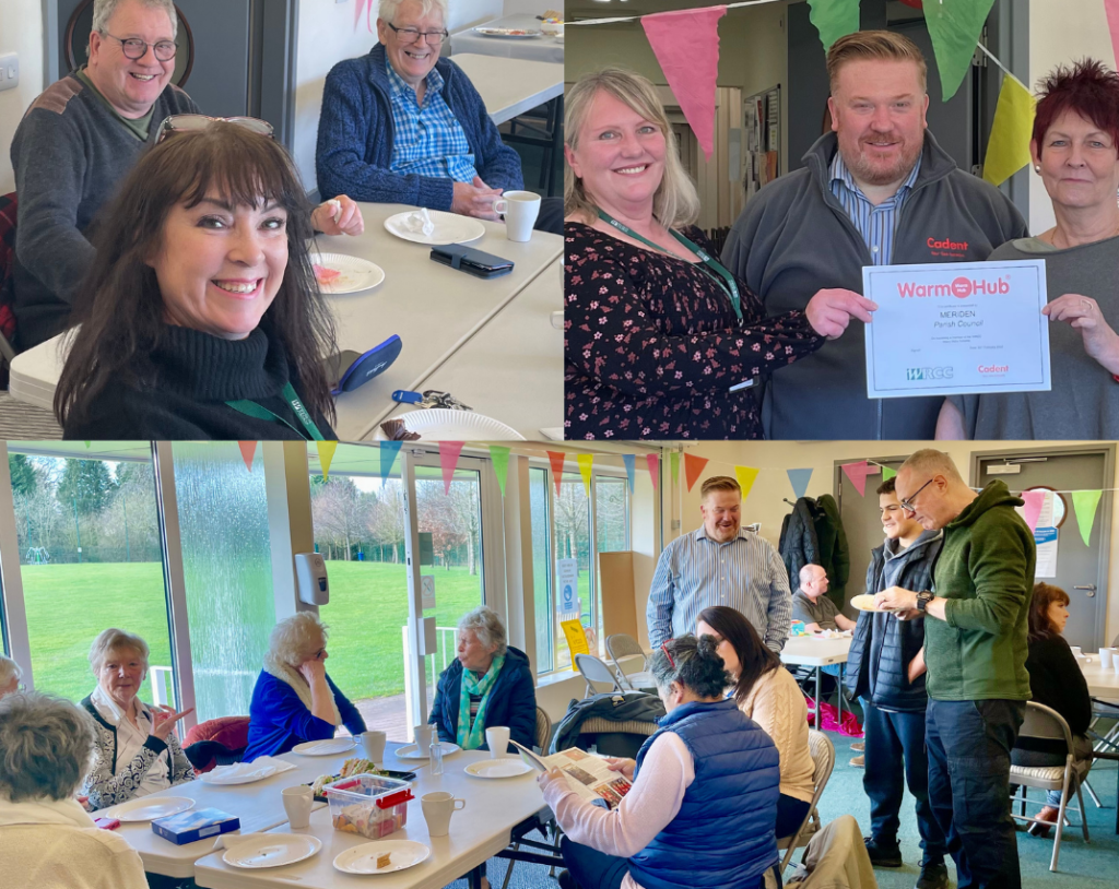 Images of people at tables eating and drinking and three people holding a Warm Hub certificate