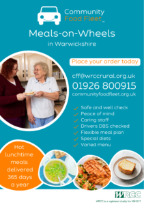Image of 2 people and text that says 'Community Food Fleet - Meals on a Misson. Introducing the new Meals-on-Wheels service in Warwickshire. Delivering daily hot meals 365 days a year. Drivers DBS checked, flexible meal plan, varied menu, caring staff, peace of mind.'